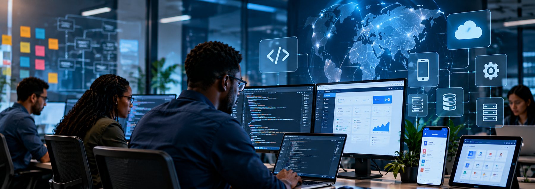 Software engineering team building connected web, mobile and cloud systems in a shared workspace.